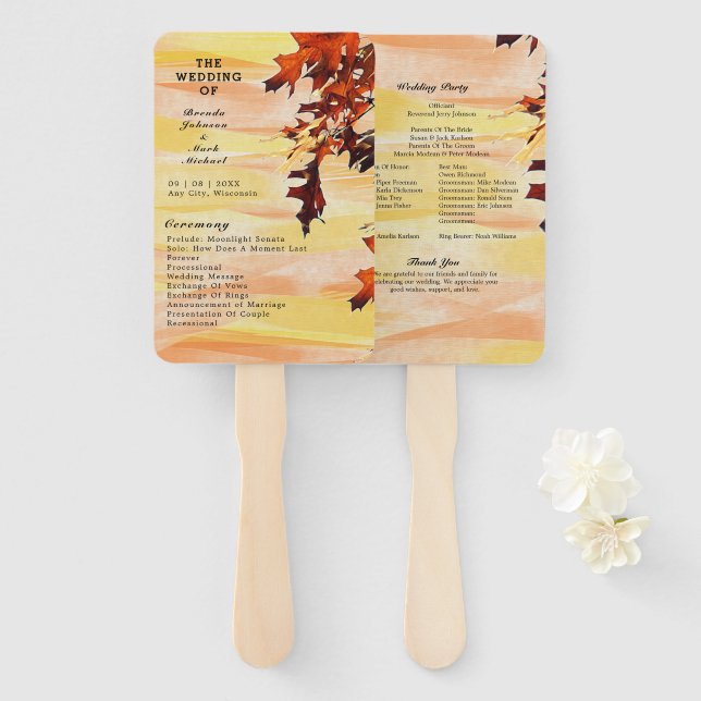 Leque Programa de Casamento Rodopio de Folhas de Outono  (Frente e Verso)