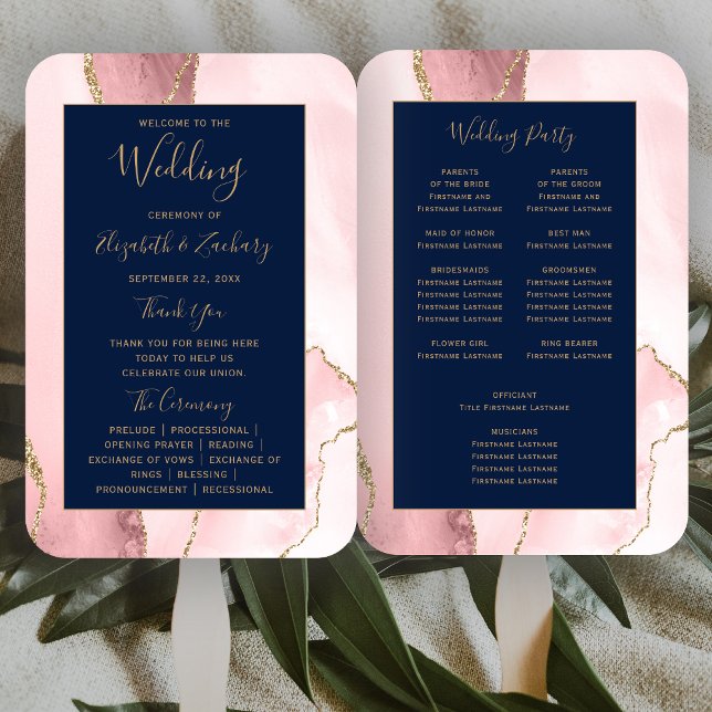 Leque Programa de Casamento Rosa Bege Ágata Azul Marinho (Criador carregado)