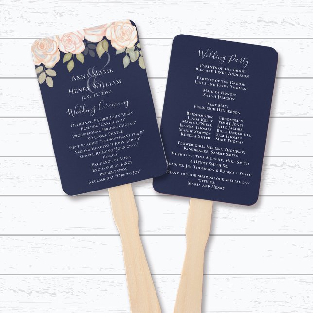 Leque Programa de Casamento Rosa Floral em Aquarela Azul (Navy blue and Blush floral)
