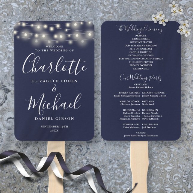 Leque Programa de Casamento Roteiro Luzes de Corda Azul  (Navy Blue String Lights Script Wedding Program Hand Fan)