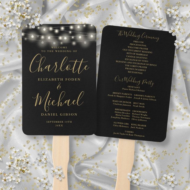 Leque Programa de Casamento Roteiro Luzes de Corda Ouro  (Black Gold String Lights Script Wedding Program Hand Fan)