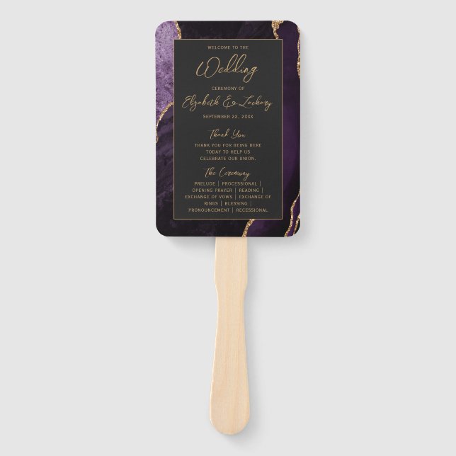 Leque Programa de Casamento Roxo Dourado Ágata Escrito E (Frente)