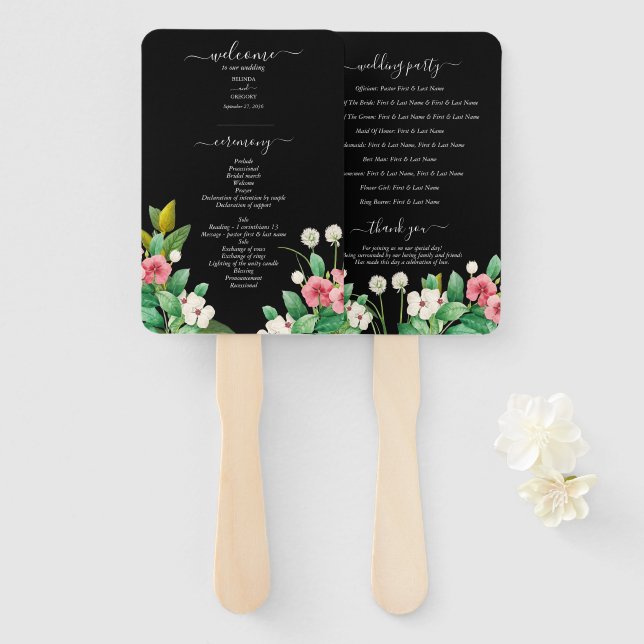 Leque Programa de Casamento Roxo Flor Silvestre Preto (Frente e Verso)