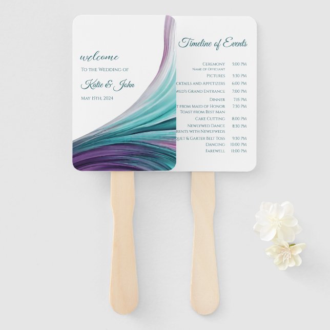 Leque Programa de Casamento - Roxo Moderno e Teal- (Frente e Verso)