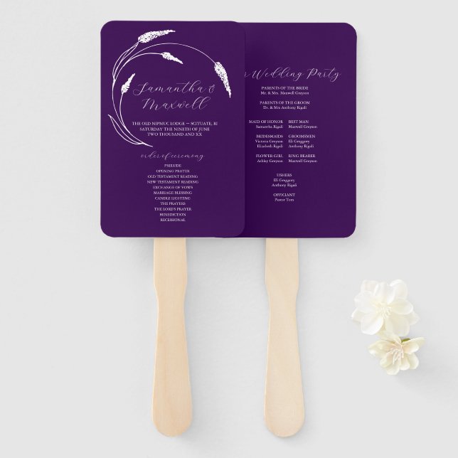 Leque Programa de Casamento Roxo Ventilador Arte Floral (Frente e Verso)