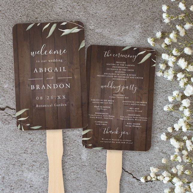 Leque Programa de casamento ruidoso de celeiros verdes e (Elegant greenery barn wood rustic wedding program hand fan)
