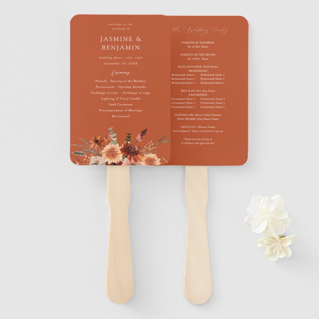 Leque Programa de Casamento Rustic Earth & Champagne Flo (Frente e Verso)