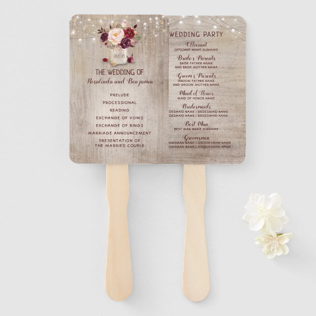 Leque Programa de Casamento Rustic Floral Burgundy Mason (Frente e Verso)