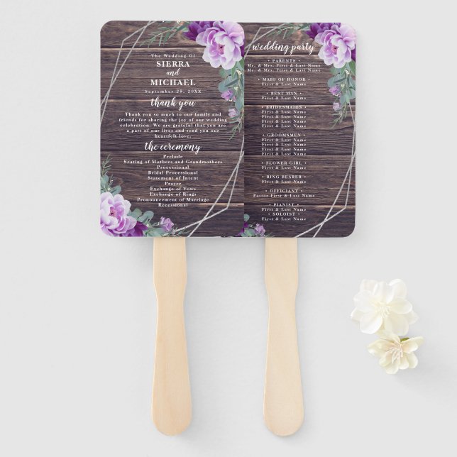 Leque Programa de Casamento Rustic Floral Purple & Silve (Frente e Verso)