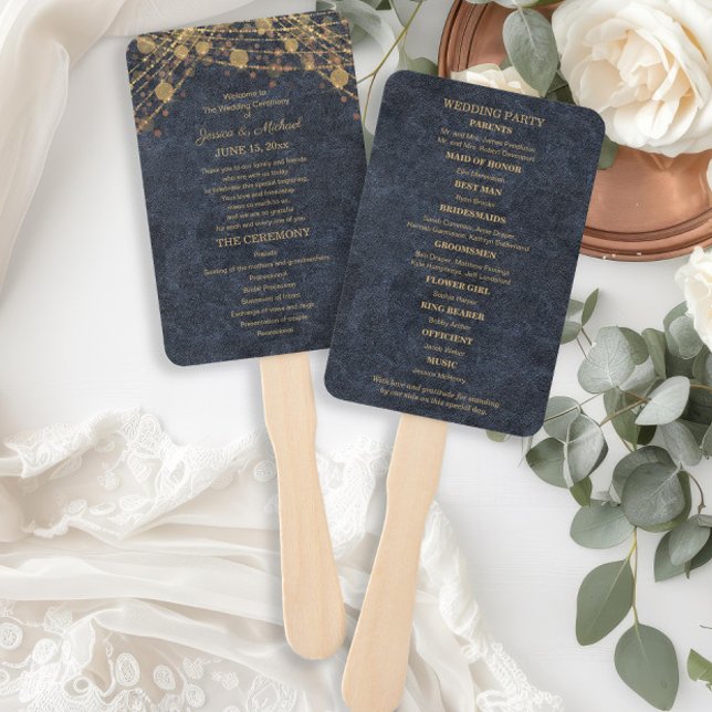 Leque Programa de Casamento Rustic Glam Azul Dourado (Rustic glam navy blue and gold string lights wedding program hand fans printed on front and back)