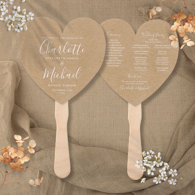 Leque Programa de Casamento Rustic Kraft Script Coração (Rustic Kraft Script Wedding Program Heart Hand Fan)
