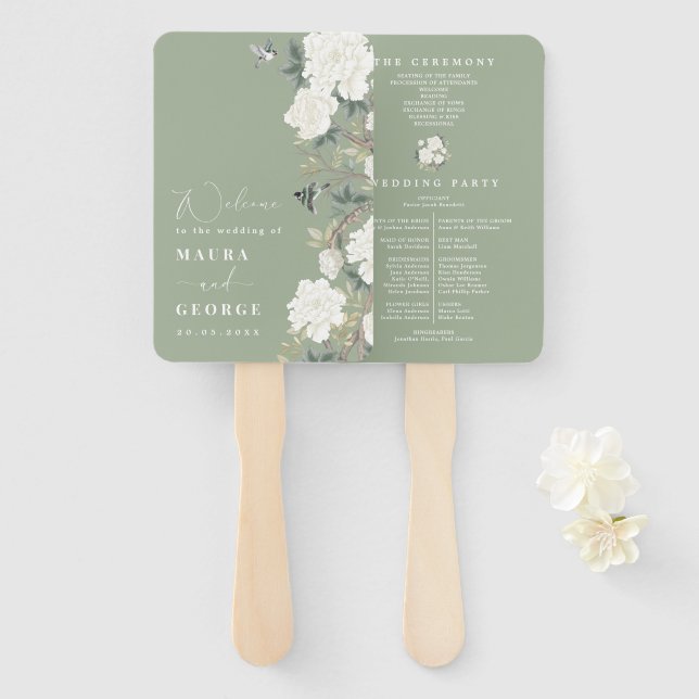 Leque Programa de Casamento Sage Green Ivory Chinoiserie (Frente e Verso)