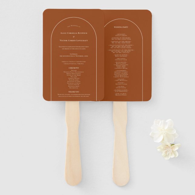 Leque Programa de Casamento Simples Boho Arch Terracotta (Frente e Verso)