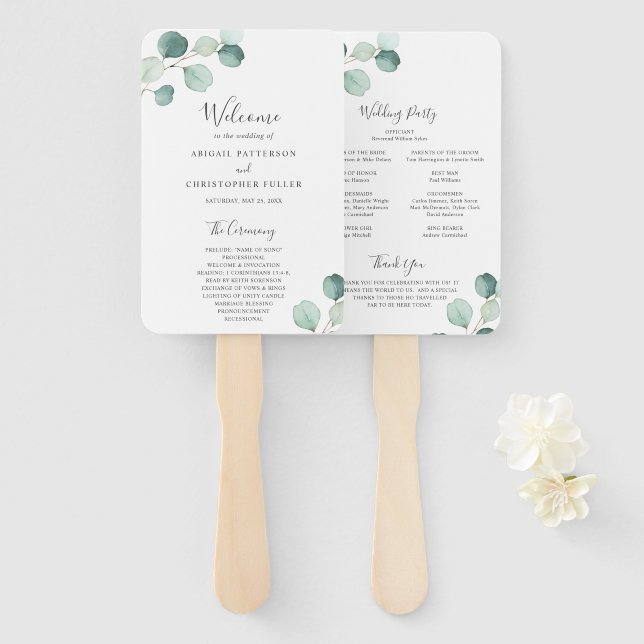 Leque Programa de Casamento Simples e Elegante com Eucal (Frente e Verso)