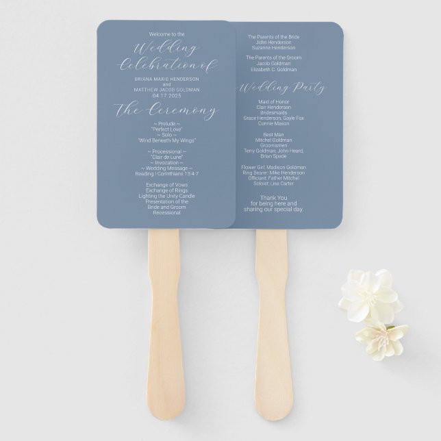 Leque Programa de Casamento Simples Minimalista Azul Poe (Frente e Verso)