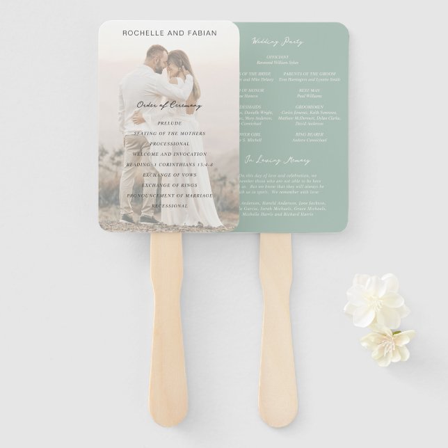 Leque Programa de Casamento Simples Verde Elegante e Sof (Frente e Verso)