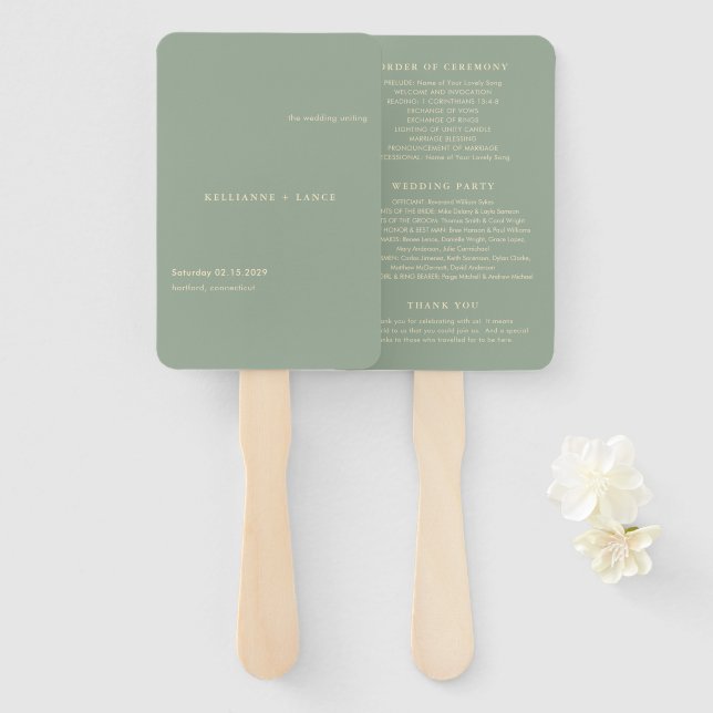 Leque Programa de Casamento Simples Verde Sage Moderno (Frente e Verso)