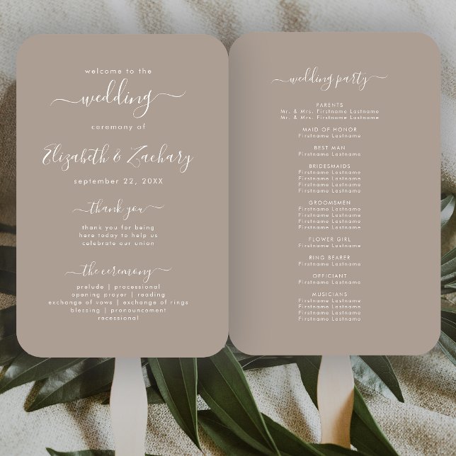 Leque Programa de Casamento Taupe Script Moderno (Criador carregado)