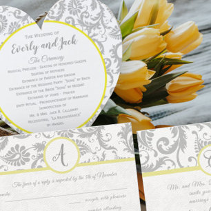 Leque Programa de Casamento tema damasco Amarelo e Cinza