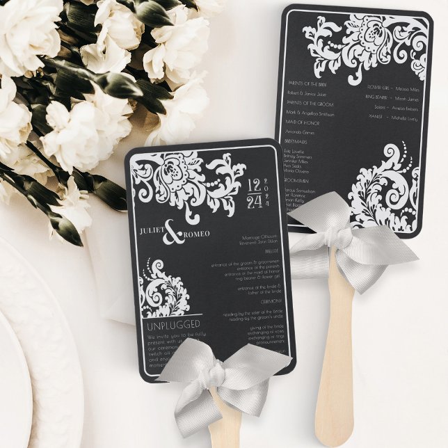 Leque Programa de Casamento tema damasco Floral Branco M (modern black and white wedding program for unplugged wedding beautiful floral damask)
