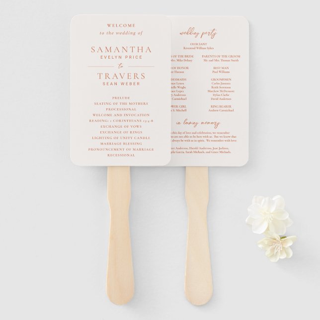 Leque Programa de Casamento Tradicional Cobre Elegante (Frente e Verso)