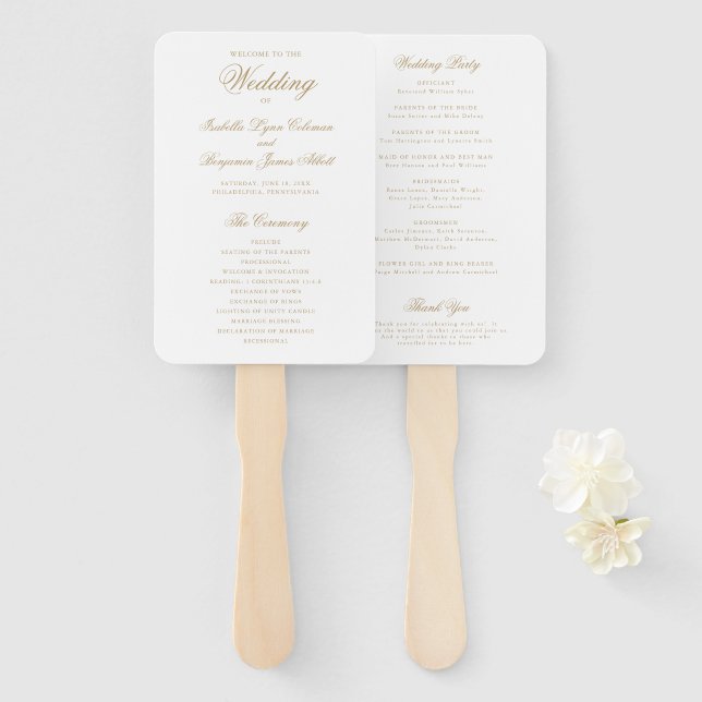 Leque Programa de Casamento Tradicional Elegante em Ouro (Frente e Verso)