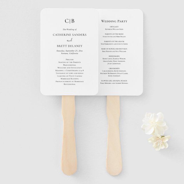 Leque Programa de Casamento Tradicional Preto e Branco (Frente e Verso)