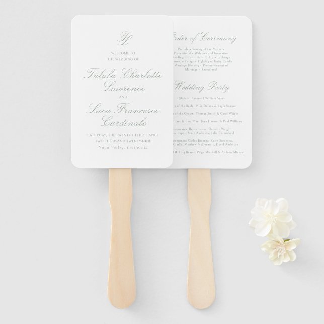 Leque Programa de Casamento Tradicional Verde Sálvia Ele (Frente e Verso)