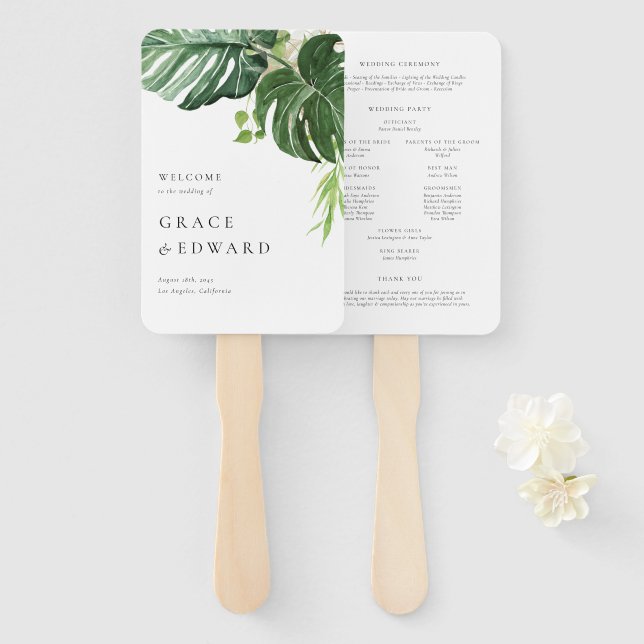 Leque Programa de Casamento Tropical Monstera em Aquarel (Frente e Verso)