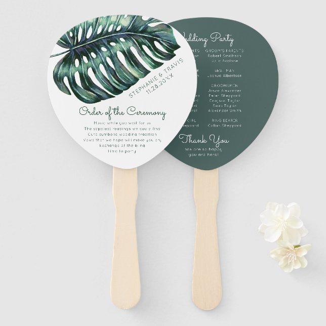 Leque Programa de Casamento Tropical Monstera Palm Leaf (Frente e Verso)