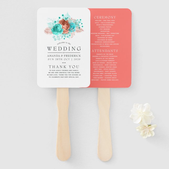Leque Programa de Casamento Tropical Turquesa e Coral (Frente e Verso)