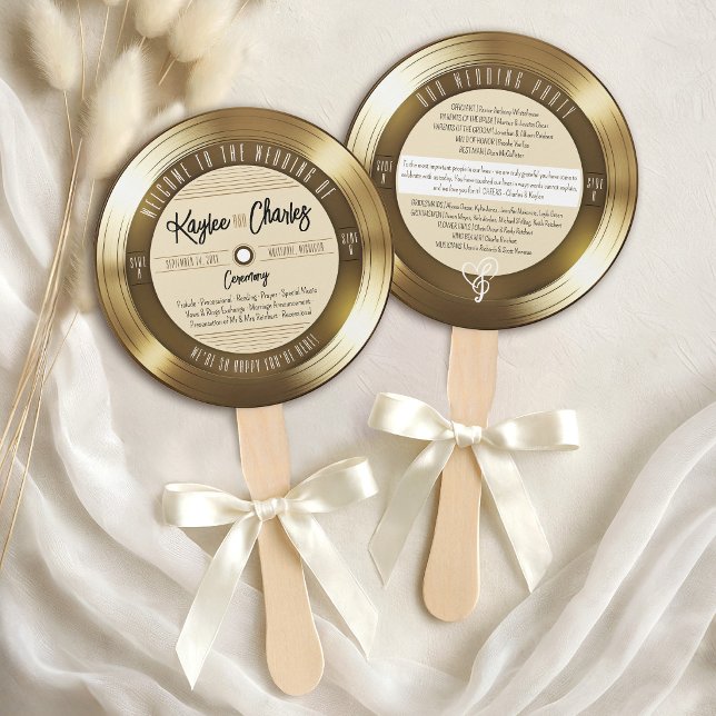 Leque Programa de Casamento Única Vinheta de Vinil Doura (Unique gold and black vinyl record music theme wedding ceremony program round hand fan)