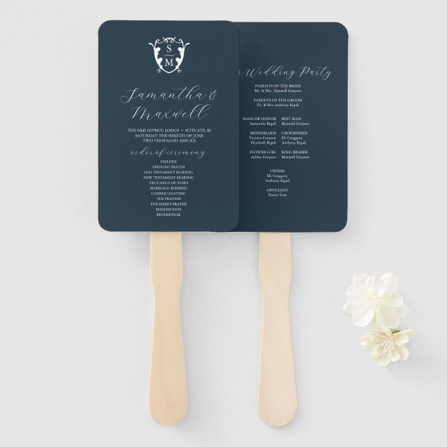 Leque Programa de Casamento Ventarola Azul Marinho Monog (Frente e Verso)