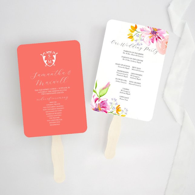 Leque Programa de Casamento Ventilador Modelos Bold Flor (wedding program fan templates watercolor pink and orange florals by Victoria Grigaliunas)
