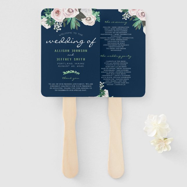 Leque Programa de Casamento Verde Branco Floral de Water (Frente e Verso)