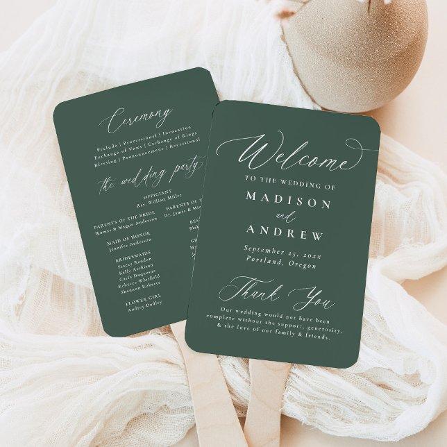 Leque Programa de Casamento Verde Caligrafia Moderna e E (Criador carregado)