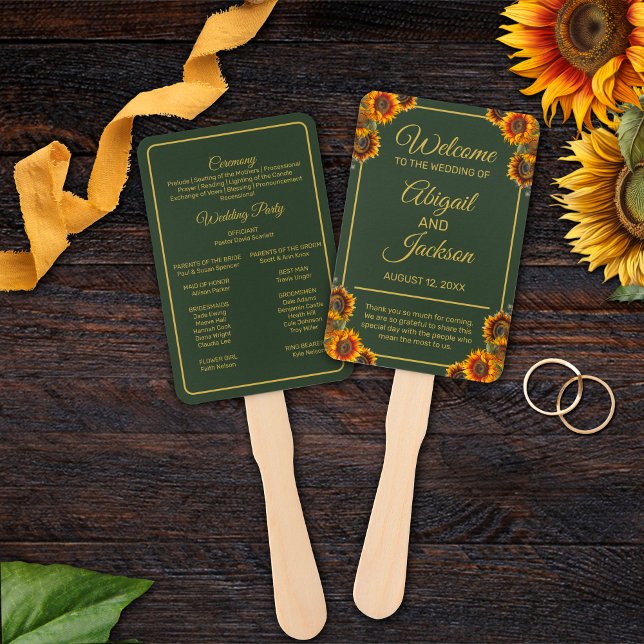 Leque Programa de Casamento Verde e Dourado de Sunflower (Criador carregado)
