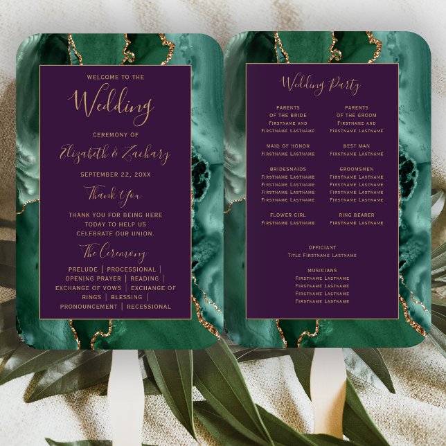 Leque Programa de Casamento Verde Esmeralda Dourado Ágat (Criador carregado)