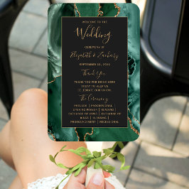 Leque Programa de Casamento Verde Esmeralda Dourado Ágat