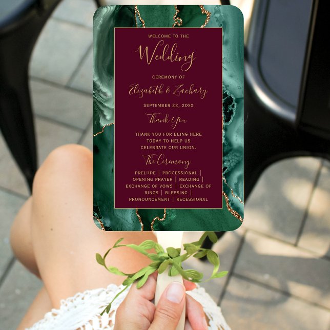 Leque Programa de Casamento Verde Esmeralda Dourado Ágat (Criador carregado)