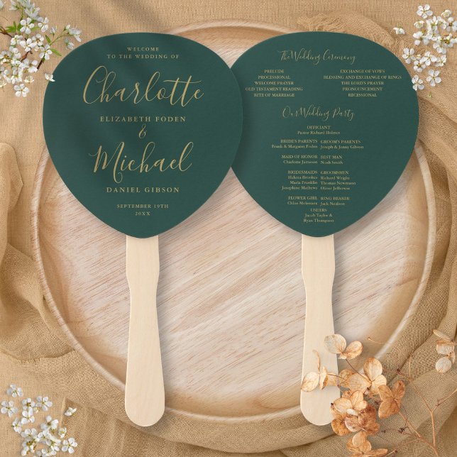 Leque Programa de Casamento Verde Esmeralda e Dourado (Emerald Green And Gold Wedding Program Hand Fan)