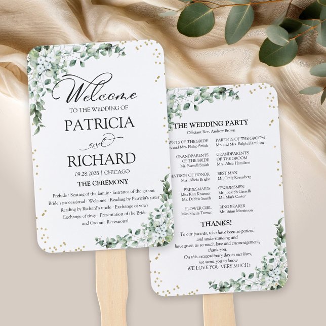 Leque Programa de Casamento Verde Eucalipto Aquarela (Criador carregado)