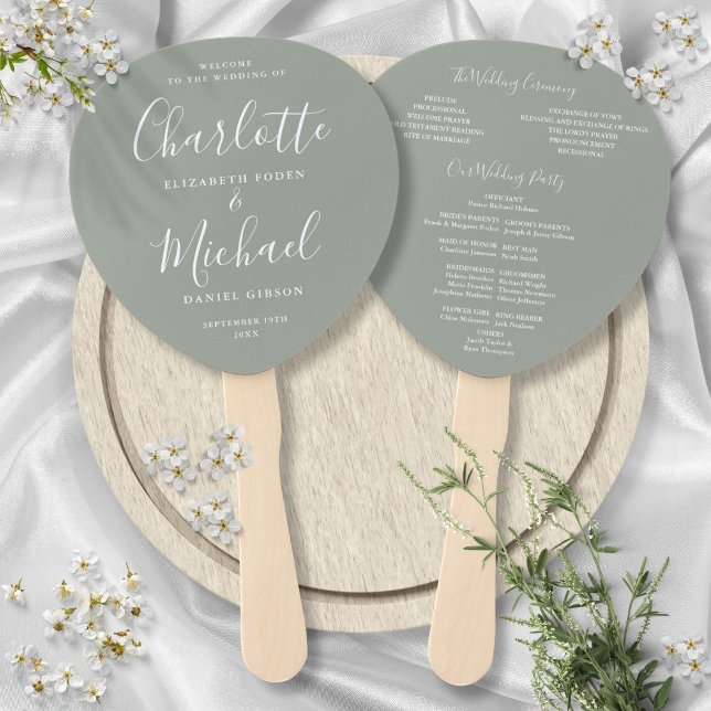 Leque Programa de Casamento Verde Sage do Script de Assi (Signature Script Sage Green Wedding Program Hand Fan)