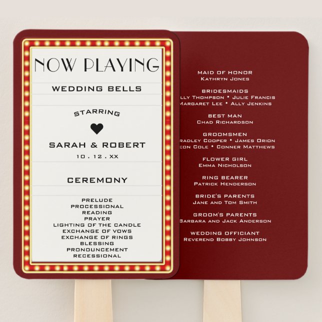 Leque Programa de Casamento Vermelho - Marca de Imagem d (Retro Cinema Theater Marquee Sign Red Wedding Program Hand Fan)