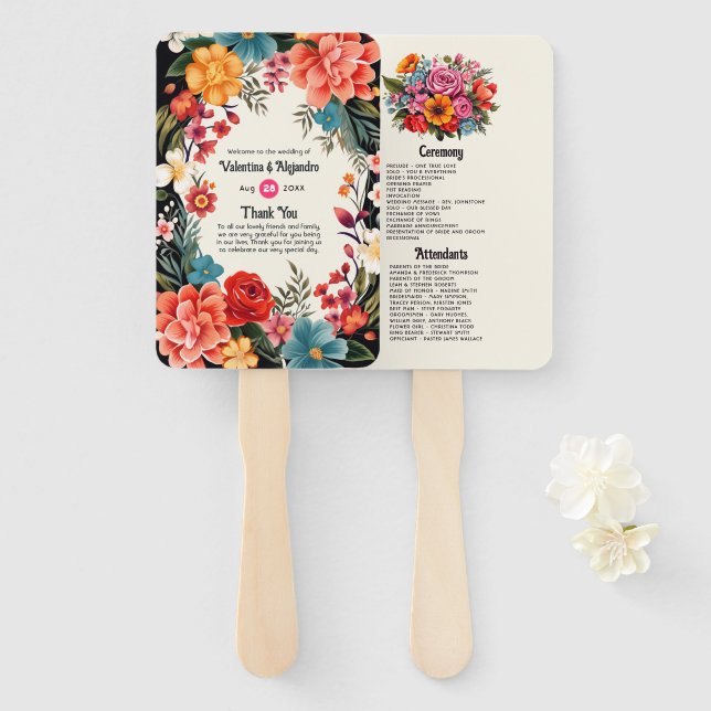 Leque Programa de Casamento Vibrante Aquarela Floral Fie (Frente e Verso)