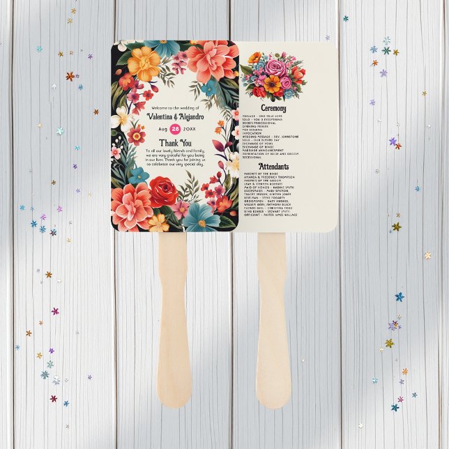 Leque Programa de Casamento Vibrante Flora Fiesta em Aqu (Vibrant Watercolor Floral Fiesta Wedding Program Hand Fan)