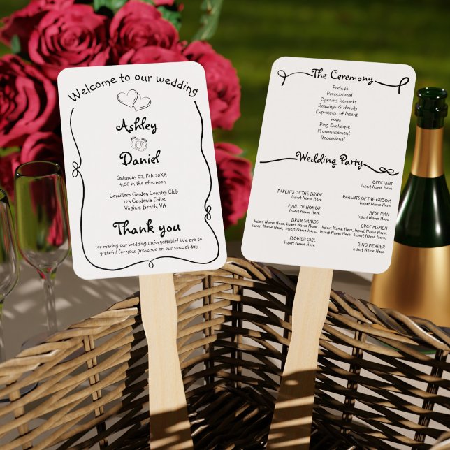 Leque Programa de Cerimônia de Casamento Black and White (Black and White Doodle Wedding Ceremony Program Hand Fan)