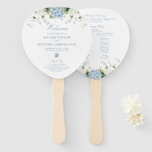 Leque Programa de Cerimônia de Casamento Blue Hydrangea (Frente e Verso)
