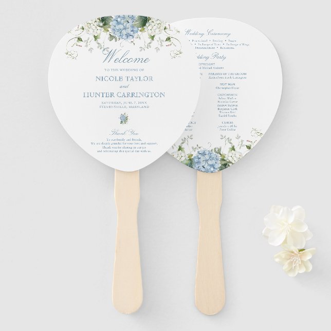 Leque Programa de Cerimônia de Casamento Blue Hydrangea (Frente e Verso)