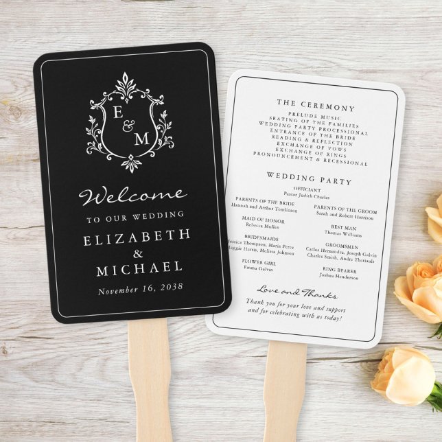 Leque Programa de Cerimônia de Casamento com Brasão de M (Elegant Monogram Crest Wedding Ceremony Program Hand Fan)